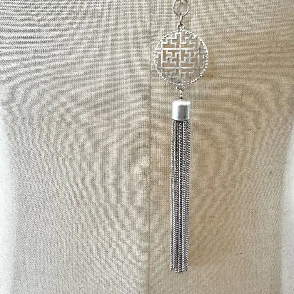 Silver tone long tassel necklace